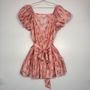 LoveShackFancy Women Mini Dress 16 Pink Floral Puff Sleeve V-Neck Ruffle Satin